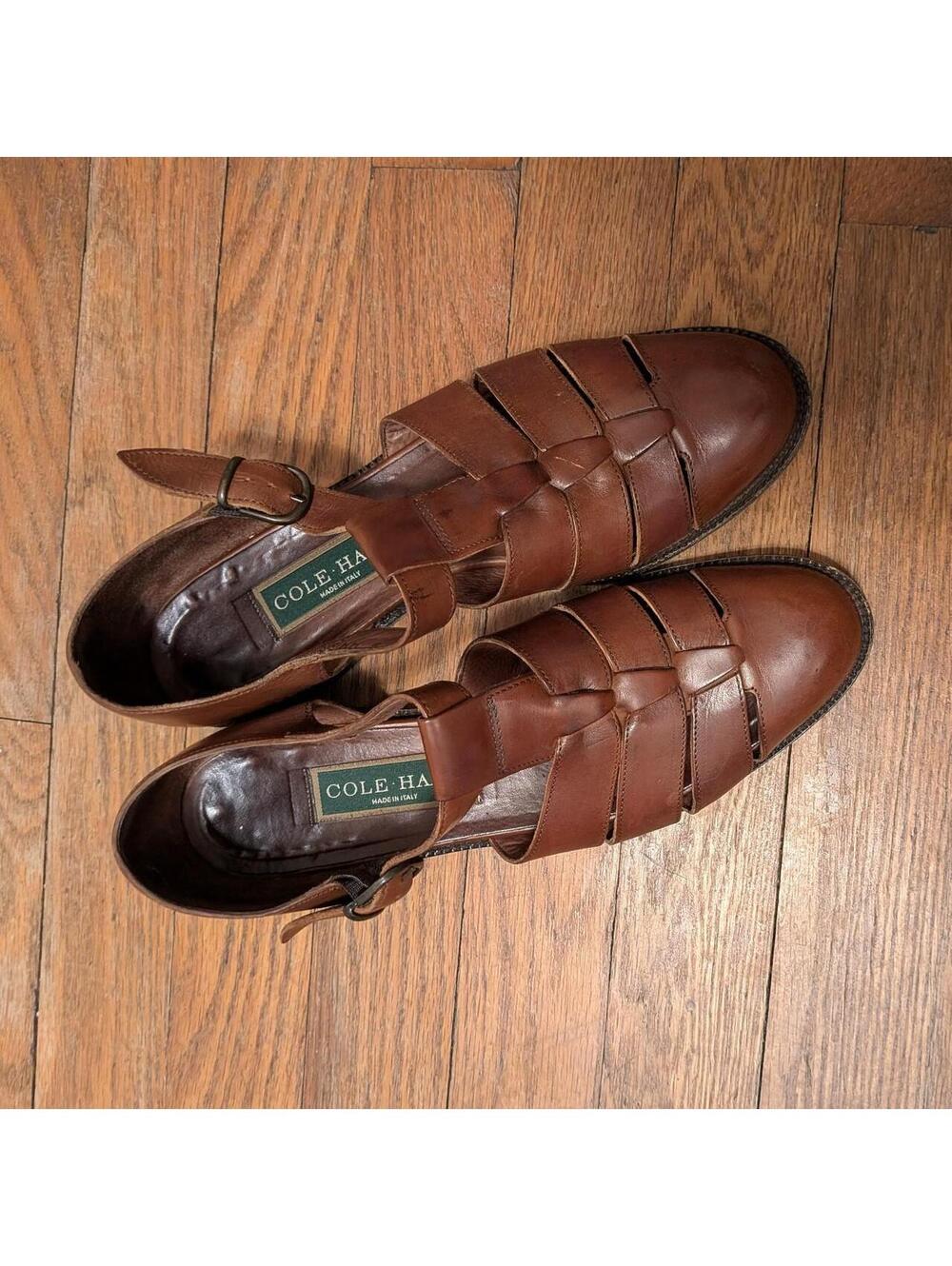 1980s 1990s Cole Haan Brown Leather Fisherman Sandals Italian Made Caged T Strap
